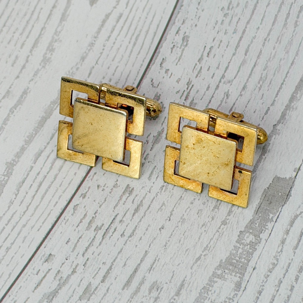 Vintage Gold Tone Geometric Greek Key Square Cufflinks Men Formal Accessory